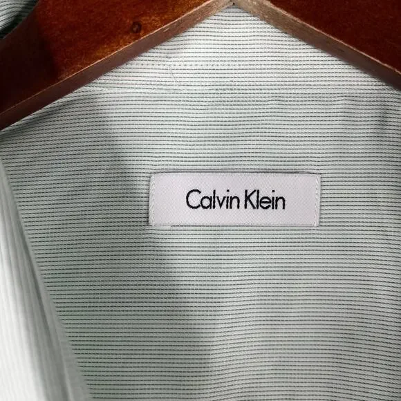 Calvin Klein Shirt Green White Striped Button Up Long Sleeve Mens 16.5 New NWT - Picture 4 of 14